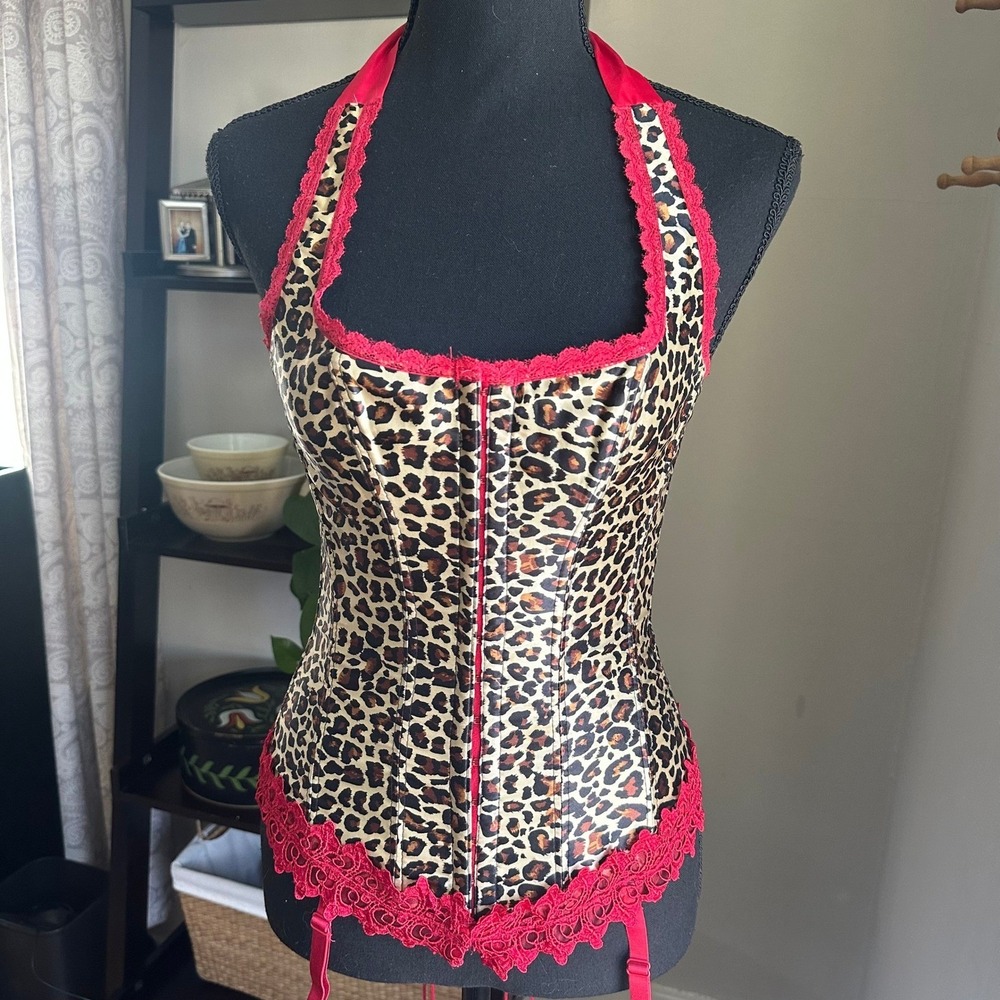 Fredericks of Hollywood Leopard Print Halter Corset Top Red Lace Trim Size 32